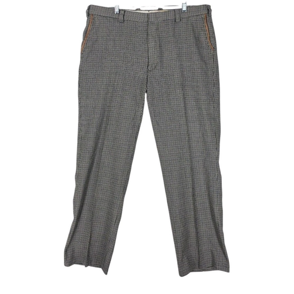 Vtg Orvis Pants 100 Wool Houndtooth Mens 38 (37x30) Brown Beige Leather Trim USA
